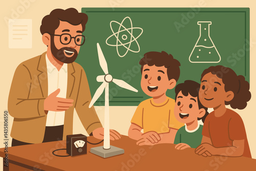 A classroom setting is depicted with a demonstration of renewable energy, featuring a small turbine and attentive students