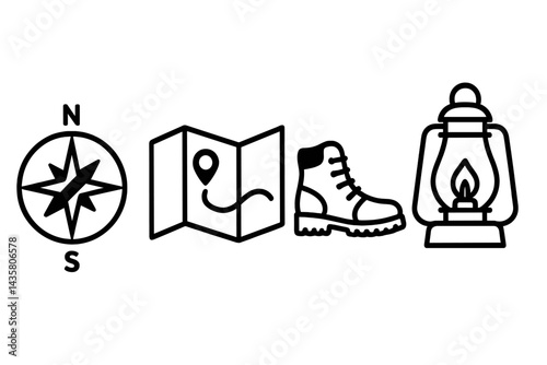 Icons of exploration are depicted through images of navigation, footwear, and lighting