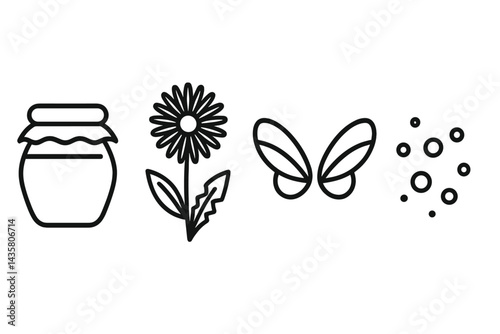 Icons representing apiaries emphasize the origin of honey and its floral sources