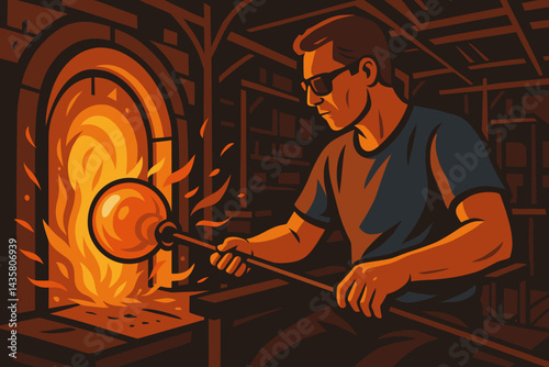 The scene showcases a flat craft emphasizing heat, color, and manual dexterity