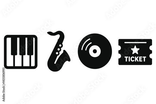 Icons that blend old and new styles, combining instruments, media, and events in a unique way