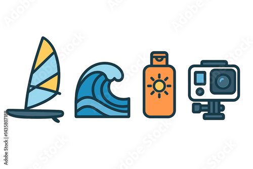 Icons of aquatic sports combine equipment, surroundings, and safety measures