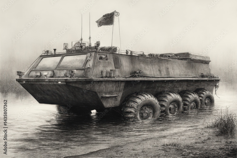 Amphibious Military Vehicle in Misty Landscape Reflecting Power