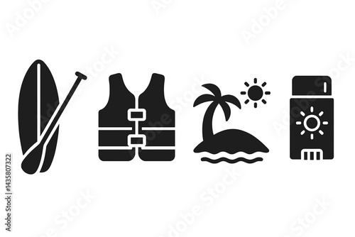 Icons of water sports emphasizing safety, sun protection, and exploration