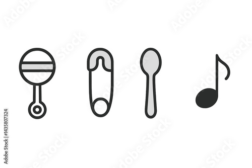 Icons for infant care depict necessities, nutrition, and calming music