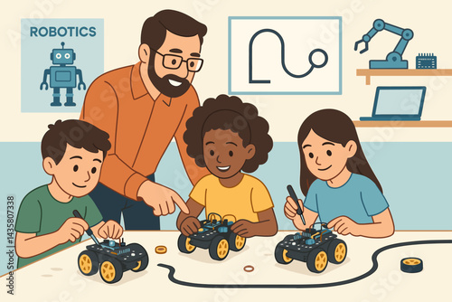 A flat educational landscape combining coding, mechanics, and learning in STEM fields