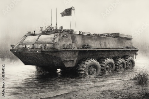 Obraz na płótnie Amphibious Military Vehicle in Misty Landscape Reflecting Power w salonie