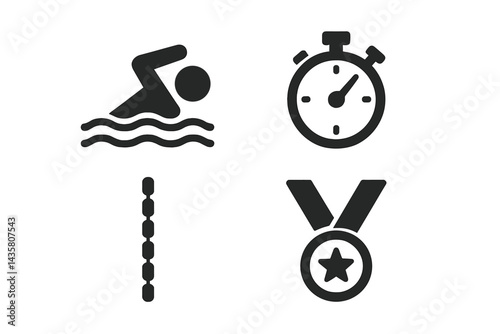 Icons of swimming encompassing training, timing, and triumph