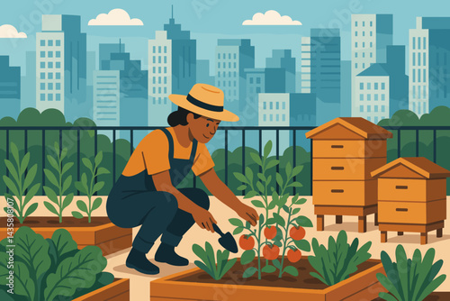 Flat urban-agriculture scene blending produce and pollination