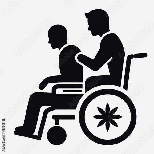  very simple flat and single minimalist Wheelchair Caregiver Silhouettes in black on a white background