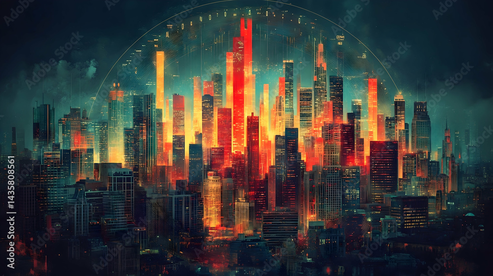 Fototapeta premium Futuristic cityscape at night illuminated in warm and cool tones with a network overlay