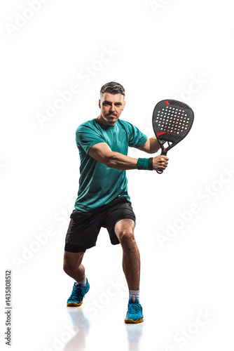 Padel player isolated on white background. Open social tour template. Padel tennis player on the sky background outdoors. Paddle tenis template for bookmaker design ads with copy space.