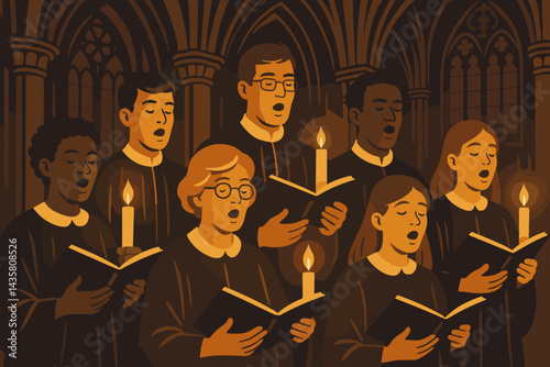 Flat festive-music scene blending tradition, harmony, and architecture