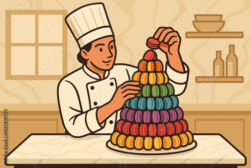 Flat culinary-art scene showing colorful patisserie display