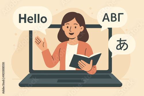 Flat e-learning scene featuring multilingual interaction and tech tools
