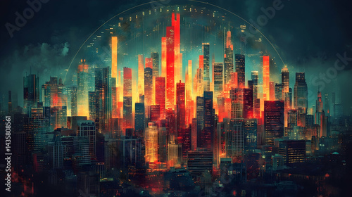 Wallpaper Mural Futuristic cityscape at night illuminated in warm and cool tones with a network overlay Torontodigital.ca