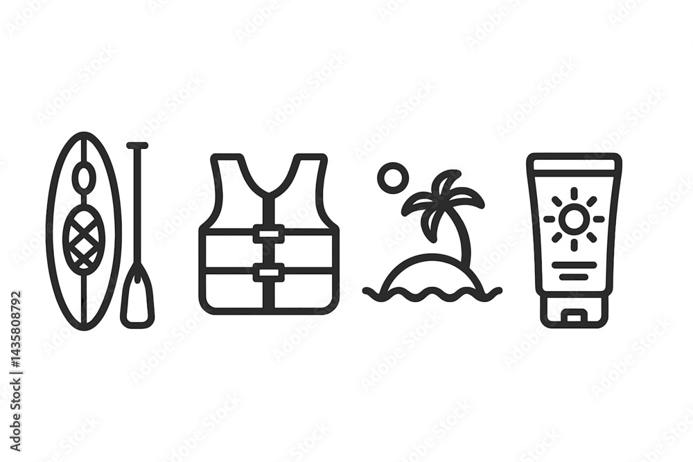 Water-sport icons spotlighting safety, sun care, and exploration