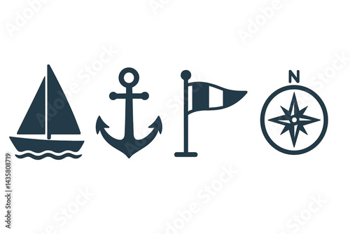 Maritime icons covering craft, direction, and mooring in flat style