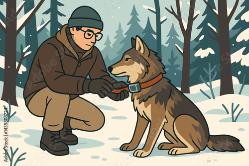 Flat wildlife-tracking scene depicting science, care, and winter