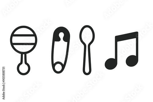 Infant-care icons showing essentials, nutrition, and soothing music