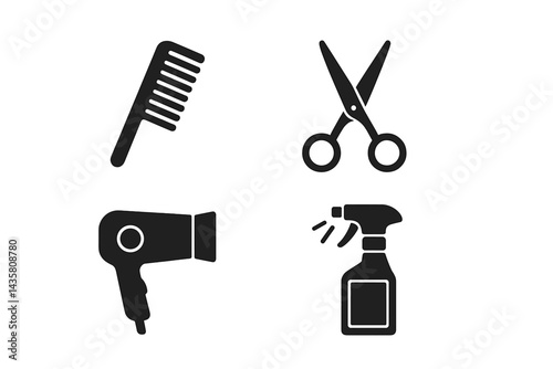 Hair-styling icons combining tools for cut, dry, and finish