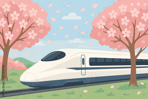 Flat transport scene marrying modern rail and seasonal beauty