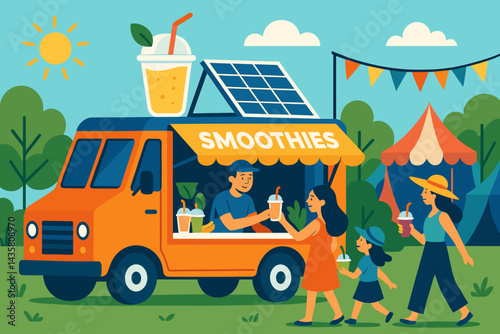 Flat festival scene with eco food truck and smoothie customers