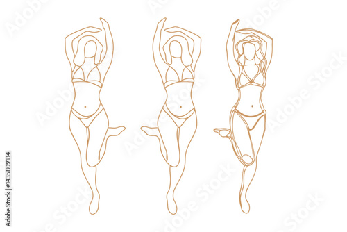 set of Continuous one line drawing of pretty Woman Body  figure, wearing bikini, different pose, vector 
