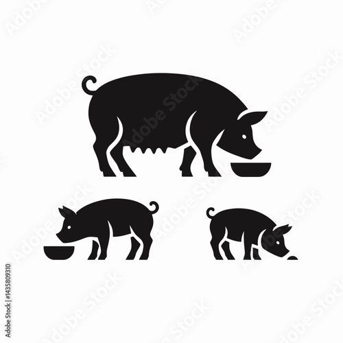  very simple flat and single minimalist Feeding Pig Silhouettes in black on a white background 