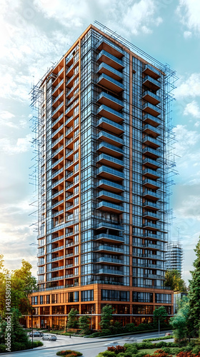 Modern high-rise residential building featuring numerous balconies and large windows  Landscaped grounds surround the