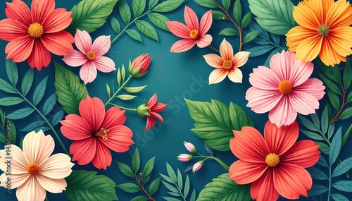 Bold leafy floral tapestry, vibrant summer palette, summer, vibrant