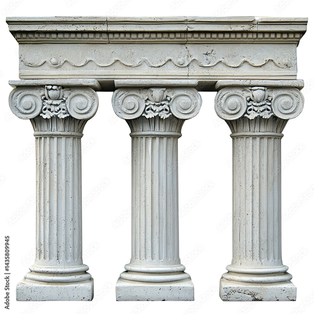 Obraz premium Three ancient stone columns stand together with ornamental tops and a decorative architrave against a stark white backdrop enhancing their classical beauty.