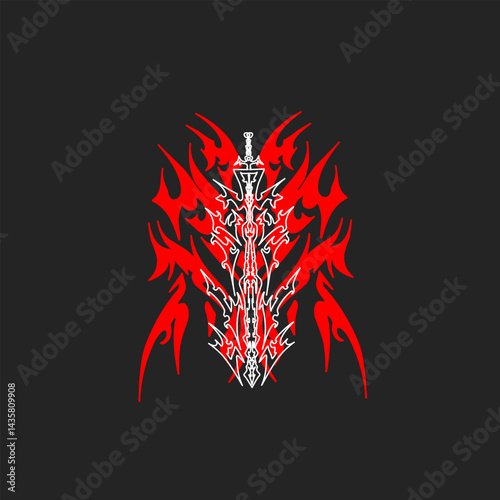 Illustration vector graphic of tribal art sword with demon wings for tatto