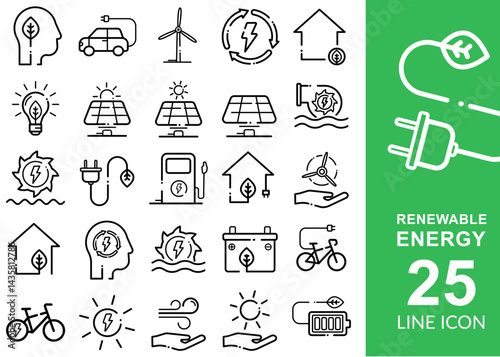 Renewable energy icons set – eco power, solar, wind, electric mobility