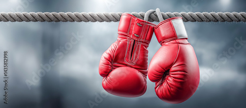 Red boxing gloves hanging on the ring rope, empty space for text on the right, background designed as a banner for advertisement or announcement.