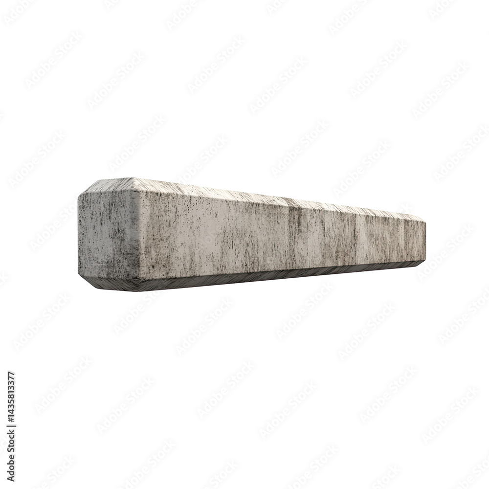 Fototapeta premium A weathered rectangular concrete barrier rests on a seamless white background, showcasing its aged texture and simple geometric form in studio lighting.