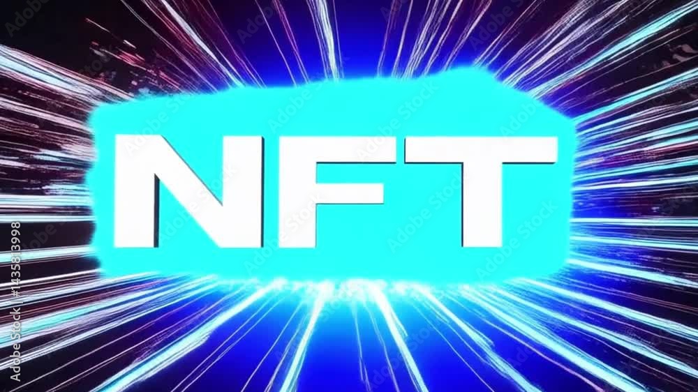 glowing NFT nonfungible token text logo revealing glitch effect. New way to buy digital assets, collectibles and crypto art. 3d render.