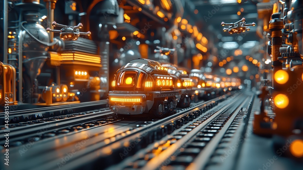 Obraz premium Futuristic Train on Tracks with Glowing Lights and Flying Drones