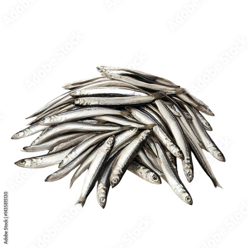 A pile of fresh, silvery anchovies is arranged on a plain white background, showcasing their delicate texture and inviting a flavorful culinary experience.