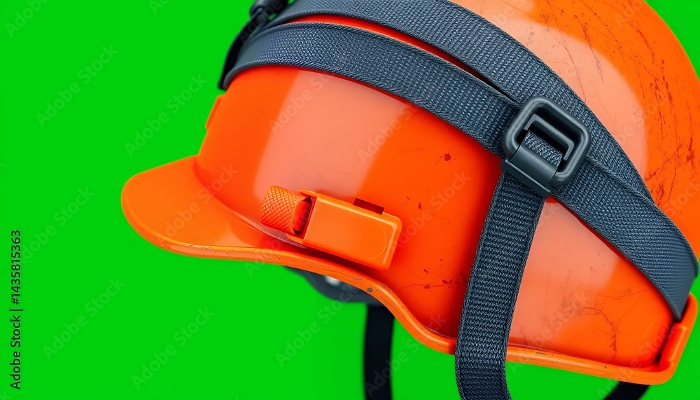 Naklejka premium Orange Hard Hat Isolated On Green Screen For Safety Promotion And Construction Mockups On Clean Studio Backdrop, A Symbol Of Labor Protection And High Visibility Gear