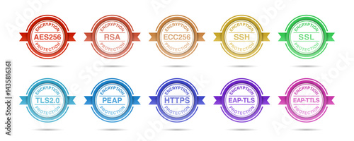 Cybersecurity and Network Security Encryption Badges Set: Colorful AES-256, RSA, ECC-256, SSL, SSH, TLS 2.0, PEAP, HTTPS, EAP-TLS, EAP-TTLS Icons – Secure Data Protection Vector