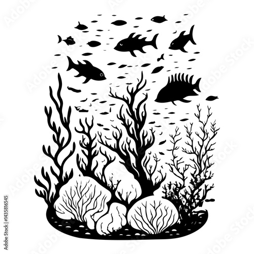 Monochromatic underwater scene illustration showcasing fish and coral silhouettes