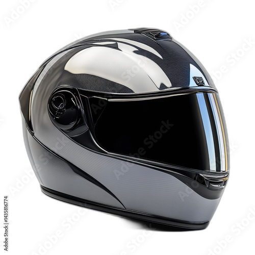 Black and silver helmet for motorcycle racing isolated on transparent background.