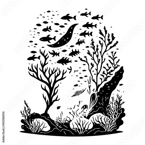 Monochromatic underwater scene with marine life and coral illustrations