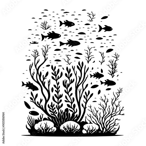 Monochrome Underwater Scene: Fish, Flora and Fauna Creating a Visual Composition