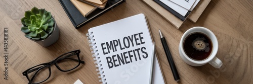 Employee benefits document on a wooden desk.
