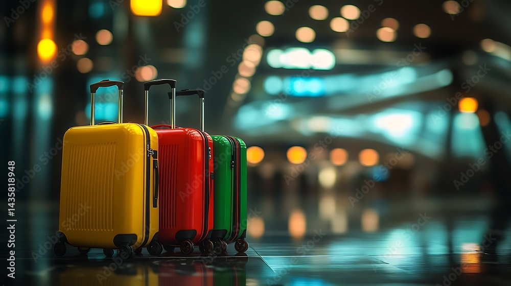 Fototapeta premium Colorful suitcases lined up in modern airport terminal with bright lights and glossy floor reflecting luggage 