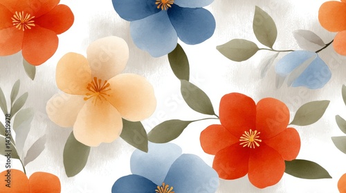 Vibrant Floral Pattern with Blue, Orange, and Red Flowers on Light Background for Textile and Wallpaper Design
