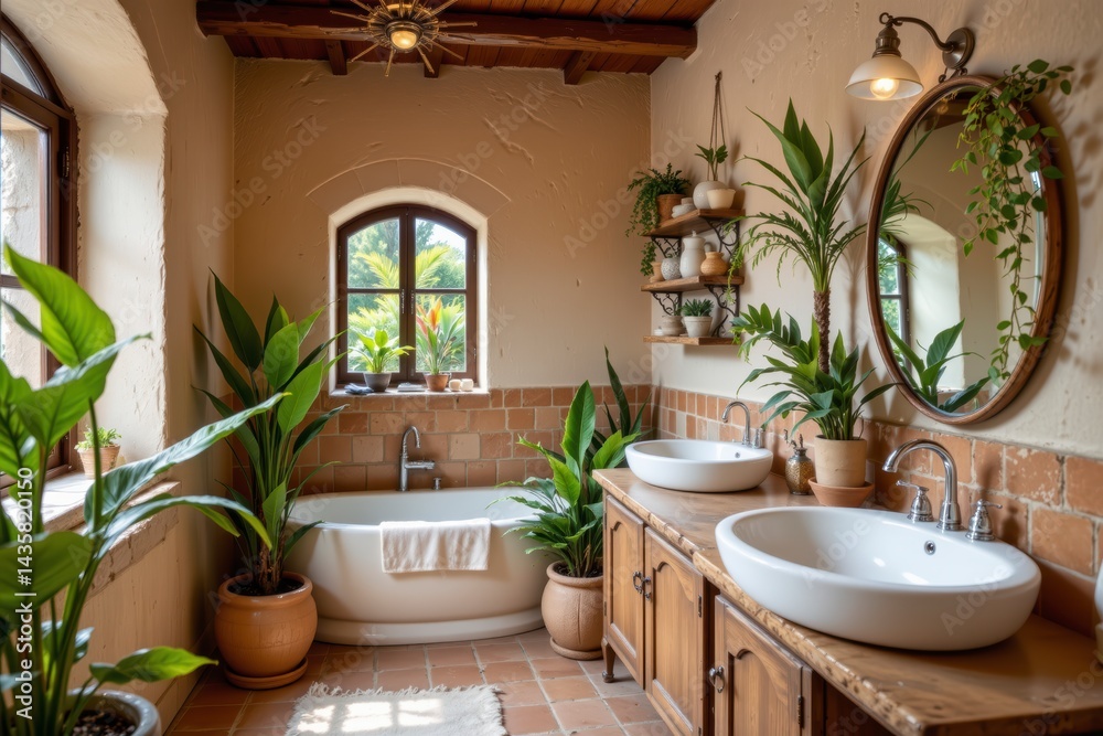 Fototapeta premium Serene Bathroom with Natural Elements, Plants, and Rustic Decor for Relaxation and Wellness
