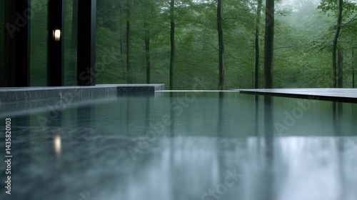 Tranquil outdoor pool in a modern home nestled amongst a misty forest.  A serene view of nature reflected in the still water